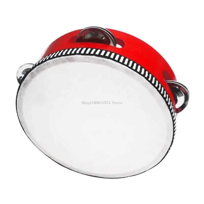 Red children tambourine round percussion with white drumhead and metallic jingles for party dancing toy musical instrument