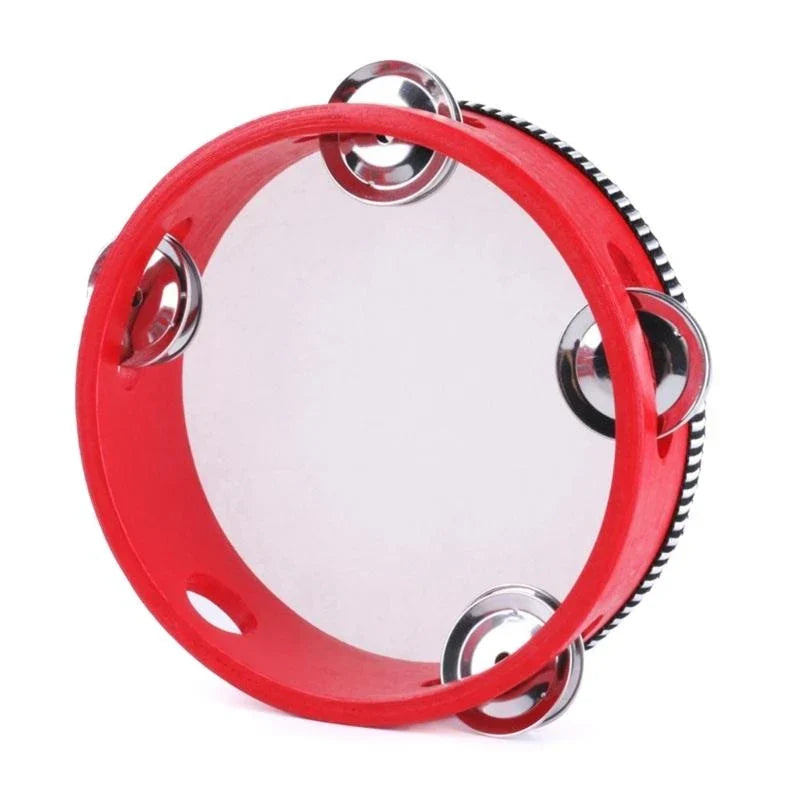 Red plastic children tambourine round percussion with silver jingles and clear drumhead party dancing toy musical instrument