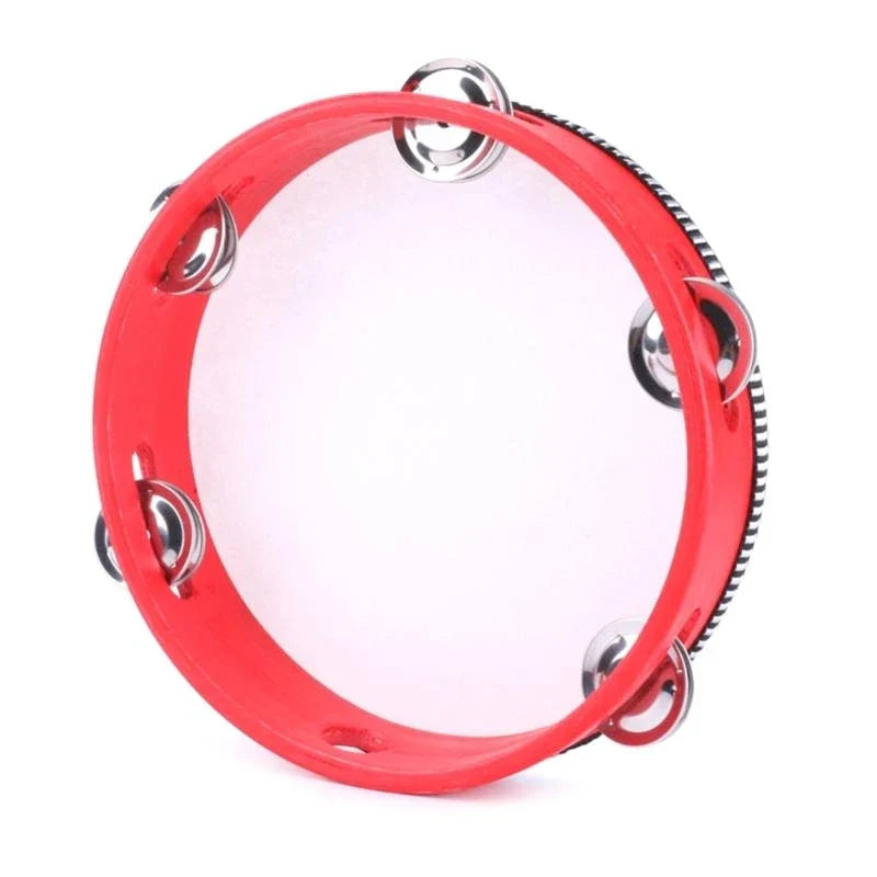 Red plastic children tambourine round percussion with silver jingles and clear drumhead for party dancing toy musical instrument