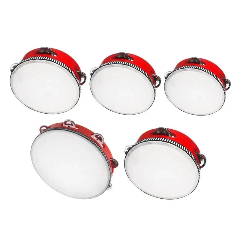 Red children tambourine round percussion with white drumhead and silver jingles for party dancing toy musical instrument