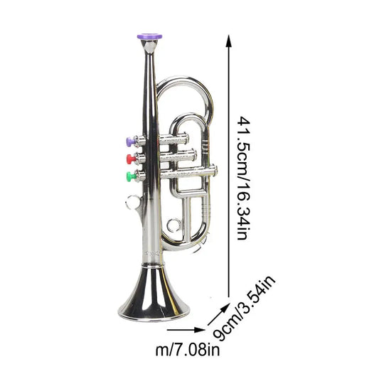 A shiny silver toy trumpet musical instrument with purple red and green valve caps for simulated musical brass play