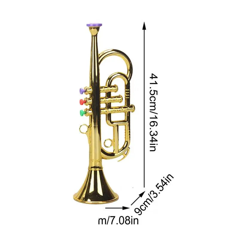 Golden toy trumpet musical instrument with colorful keys and purple mouthpiece simulated musical brass for house music equipment