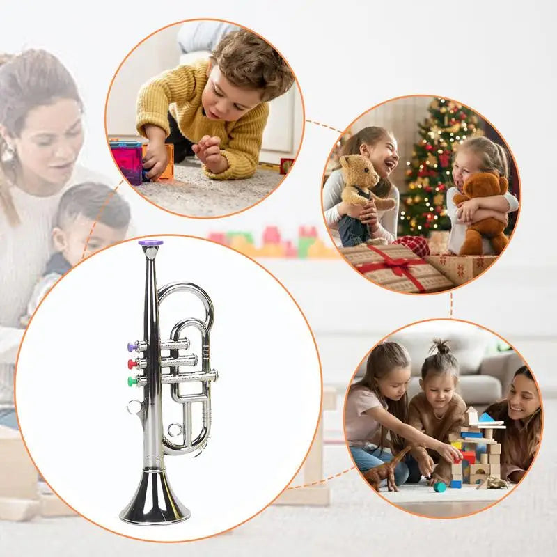 Shiny silver children toy trumpet with colorful valve caps simulated musical brass house music equipment