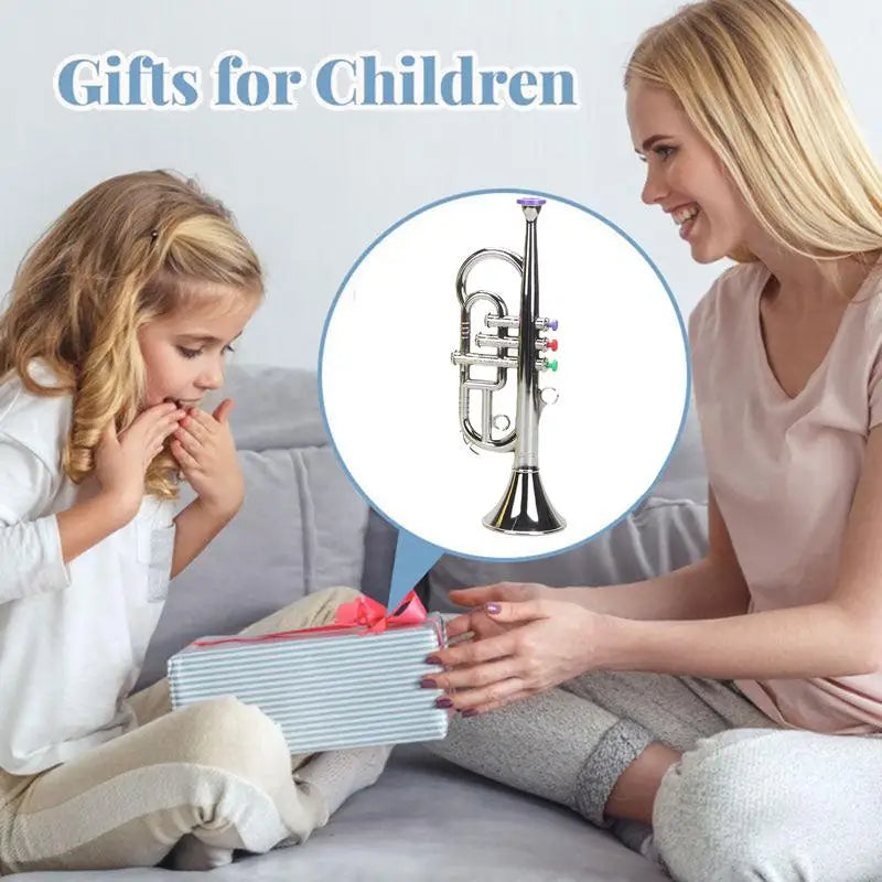 Shiny silver children toy trumpet with colorful key caps simulated musical brass for house music equipment play