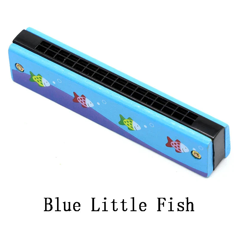 A blue plastic children wooden harmonica with colorful cartoon fish and bubbles for toys music teaching and puzzle early education