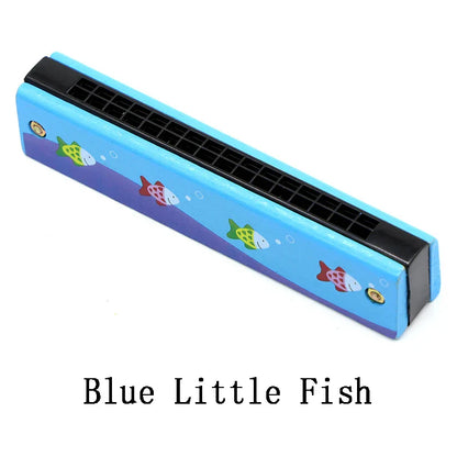 A blue plastic children wooden harmonica with colorful cartoon fish and bubbles for toys music teaching and puzzle early education