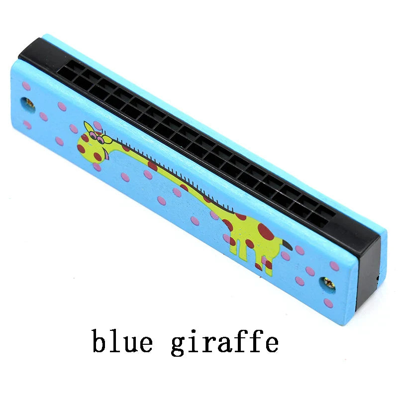 Blue plastic children wooden harmonica with yellow giraffe design and pink polka dots for toys music teaching and puzzle early education