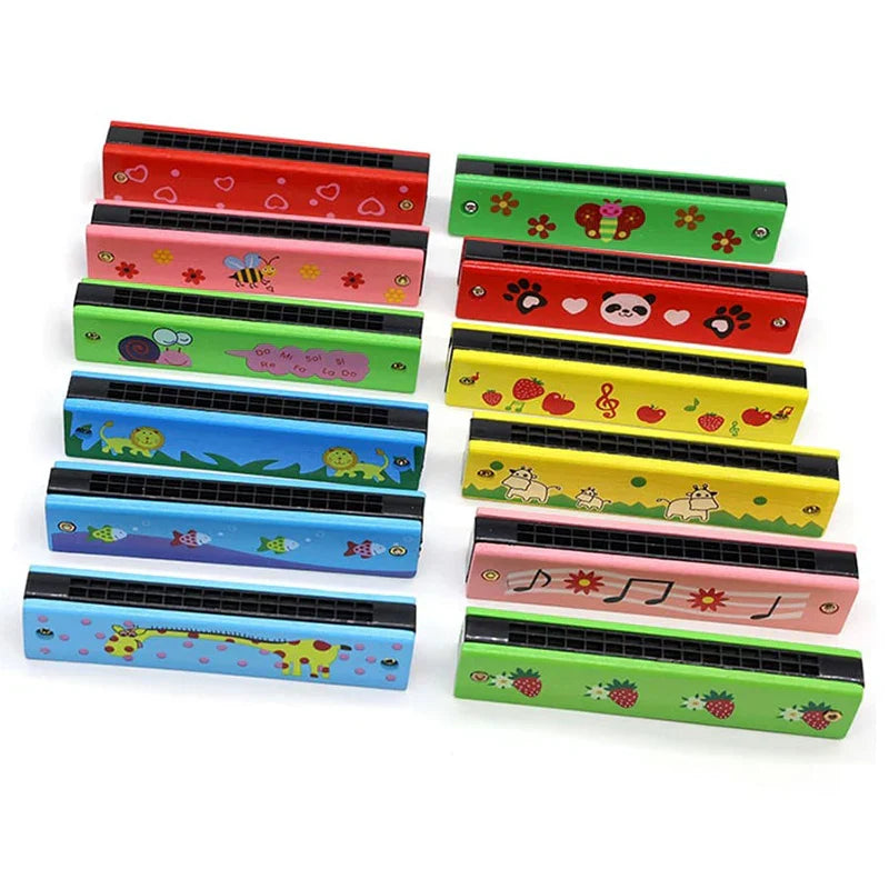Children wooden harmonica toys music teaching with colorful animal and fruit designs for puzzle early education beginners