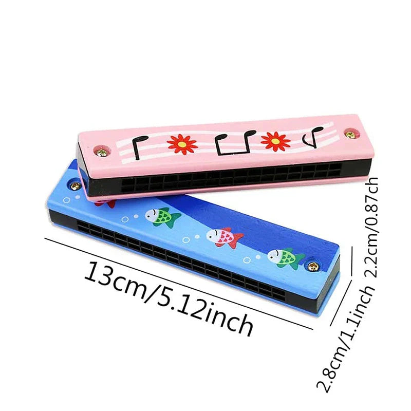 Children wooden harmonica toys music teaching aids in pink and blue with colorful fish and musical note designs for early education