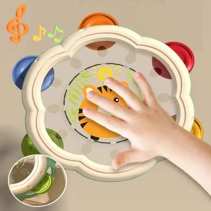 A colorful plastic early education puzzle bell drum percussion with tiger design and multi-colored jingles for fun hand clapping