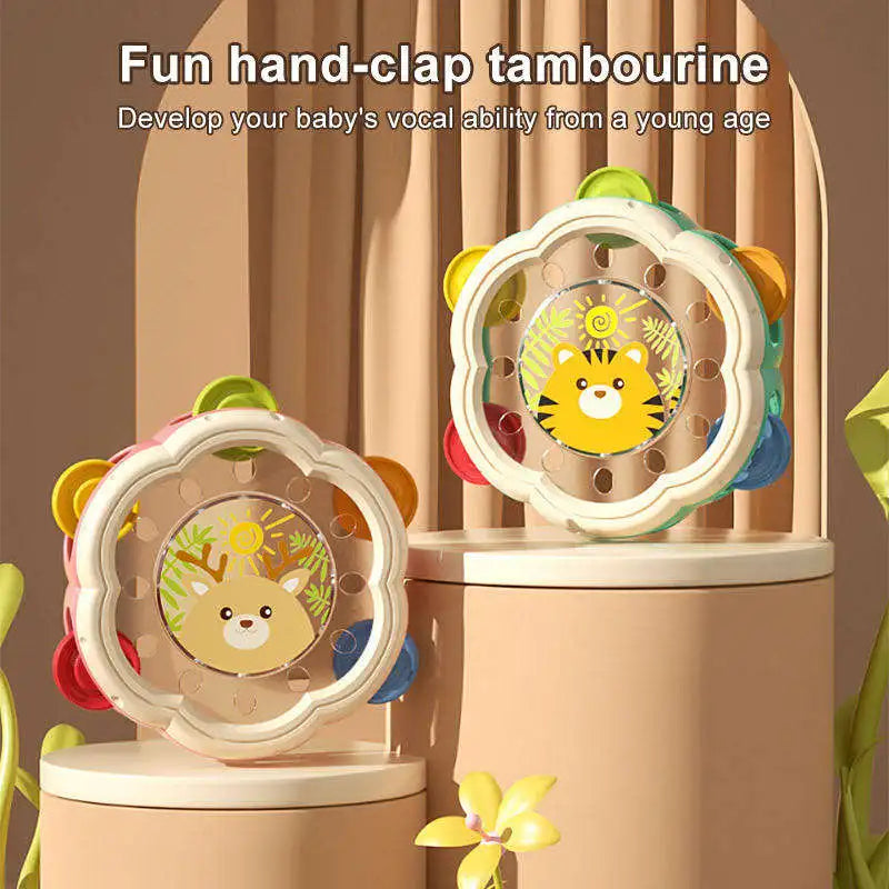 Colorful early education puzzle bell drum percussion with cartoon animal faces and rainbow jingles for fun hand clapping