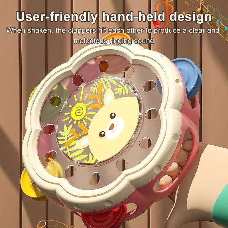 Pastel-colored plastic baby rattle with cheerful yellow deer face and colorful beads for early education puzzle fun hand clapping bell drum percussion