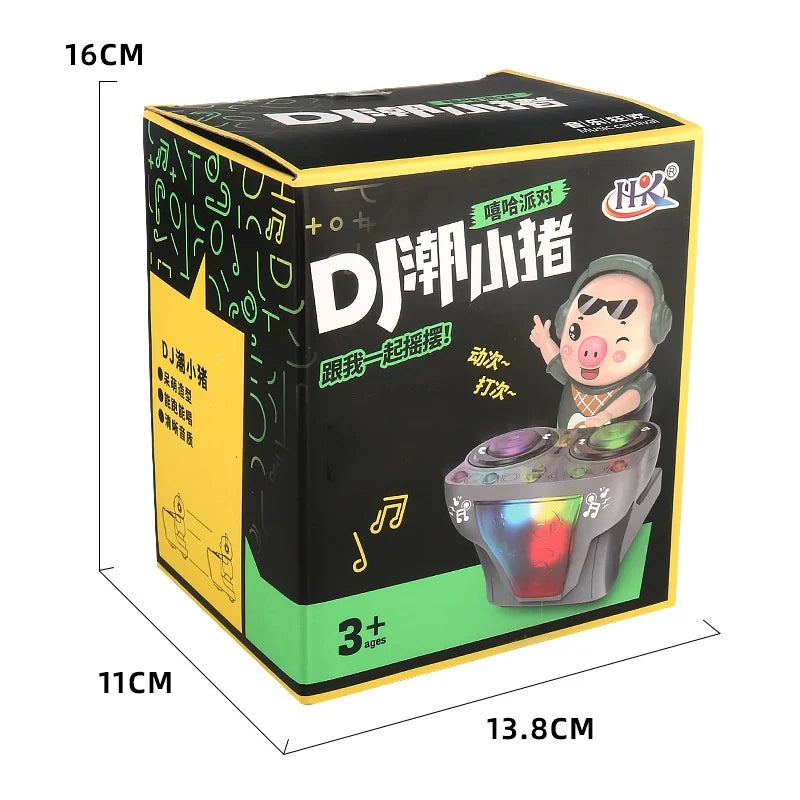 Black and yellow box featuring a cartoon pig electric toy rock dj pig with colorful led lights music toys for children