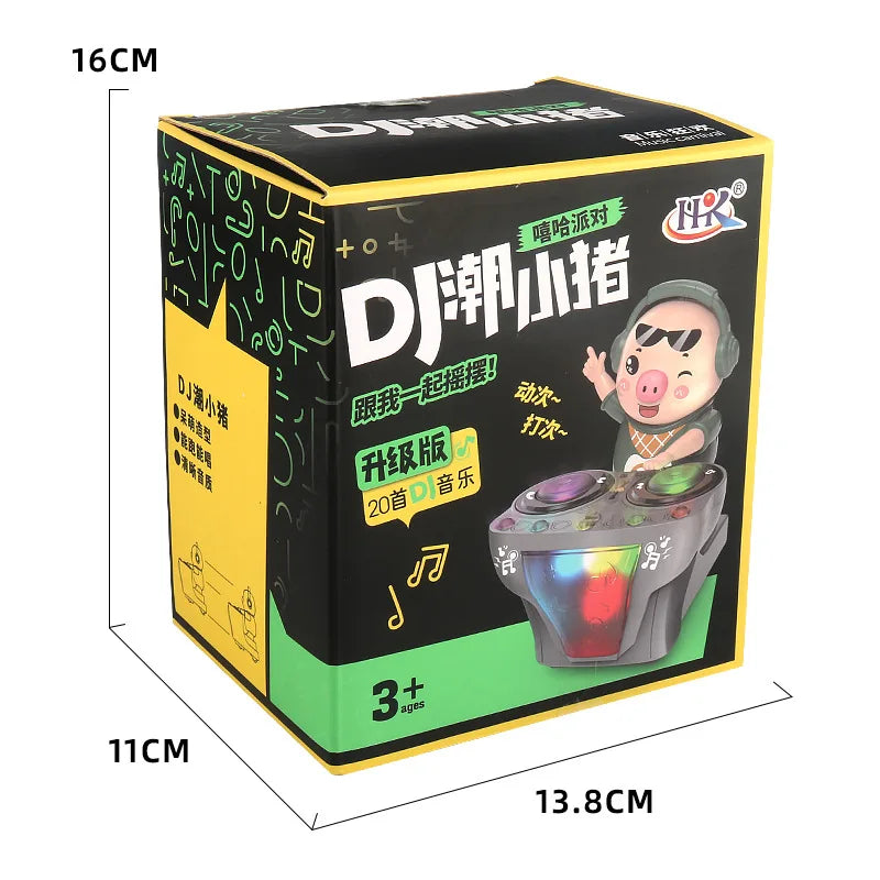 Black and yellow box featuring a cartoon pig rock dj pig electric toy with colorful illuminated turntables lights music toys