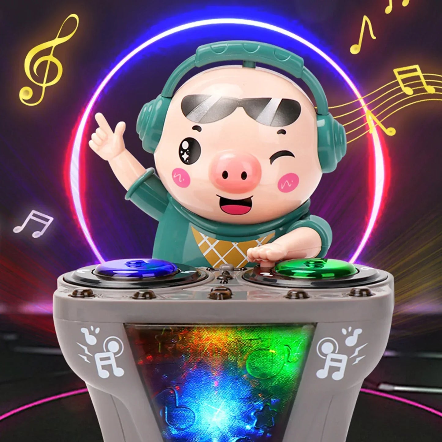 A cheerful rock dj pig toy with teal headphones and black sunglasses behind a gray dj mixer with colorful lights music toys