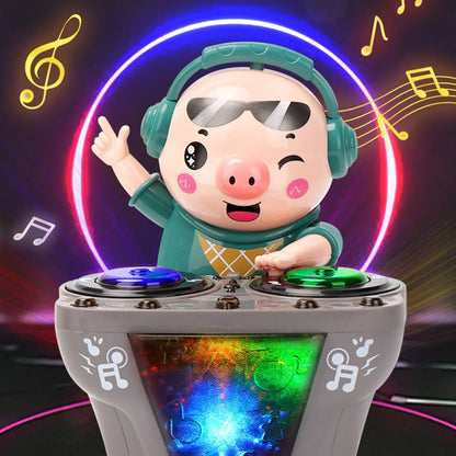 A cheerful rock dj pig toy with teal headphones and black sunglasses behind a gray dj mixer with colorful lights music toys