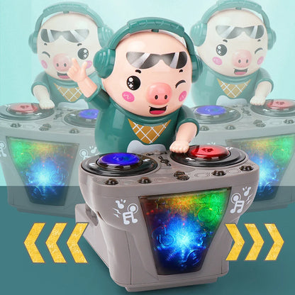 A cartoon rock dj pig toy with teal headphones and green outfit behind a gray turntable with glowing lights music toys