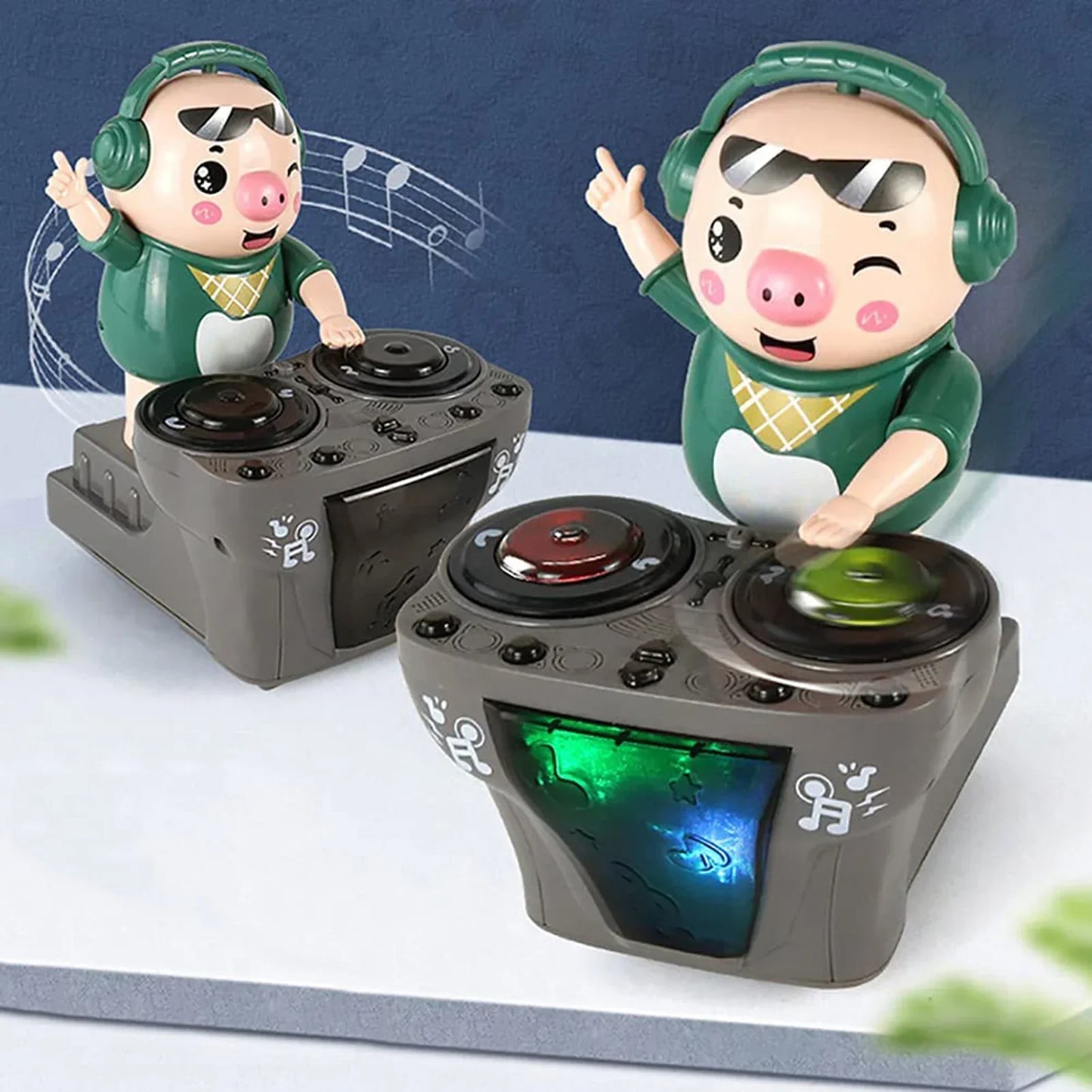 Two green rock dj pig electric toys with headphones and sunglasses on gray bases with illuminated lights music toys for kids