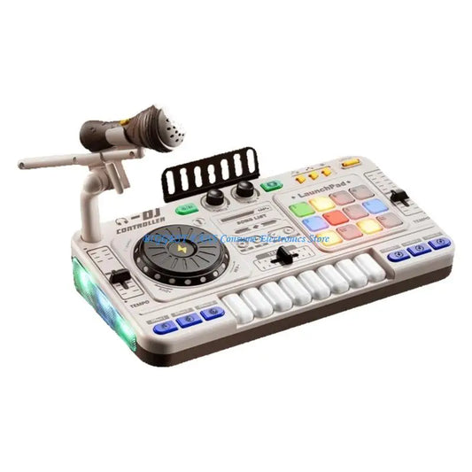 White plastic educational dj mixing station interactives toy with colorful buttons microphone and beating creation features