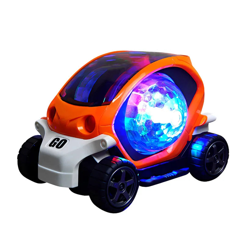 Orange and white electric toy car with glowing blue led light ball featuring flashing music omnidirectional rotating design