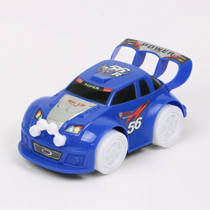 Blue plastic electric toy car with white wheels and rear spoiler featuring flashing music omnidirectional rotating lights
