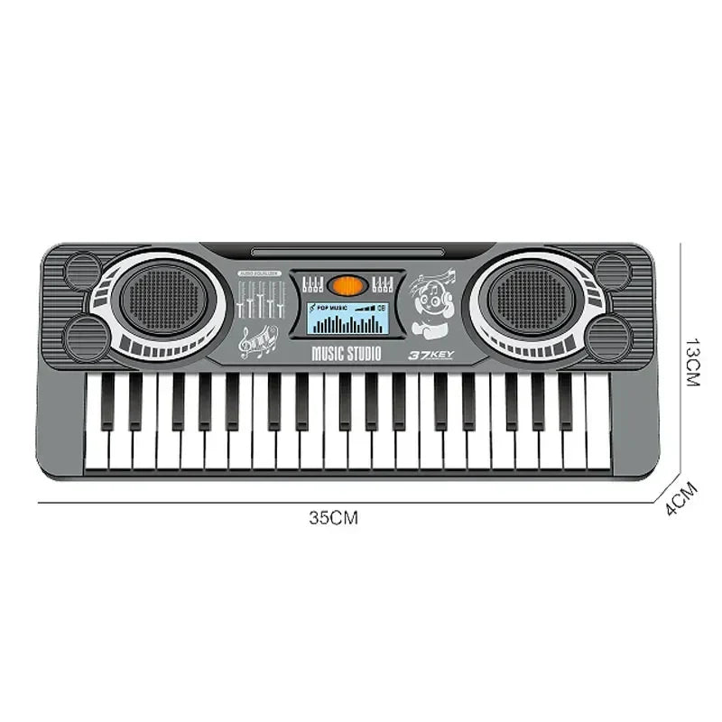 Gray plastic electronic keyboard piano with 37 keys microphone and screen for beginner musical instrument educational toy