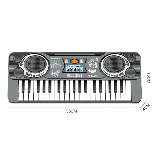 Gray plastic electronic keyboard piano with 37 keys microphone and screen for beginner musical instrument educational toy