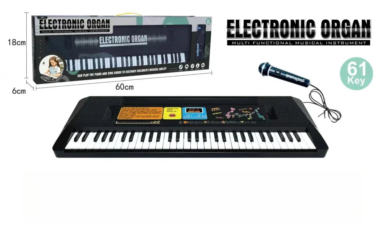 Black electronic keyboard piano with 61 keys and colorful controls featuring built-in microphone beginner musical instrument educational toy