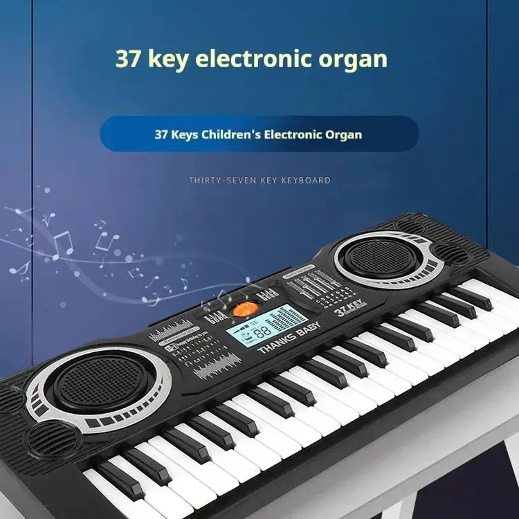 Black and white 37-key electronic keyboard piano with silver speaker grilles and digital display for musical educational toy use