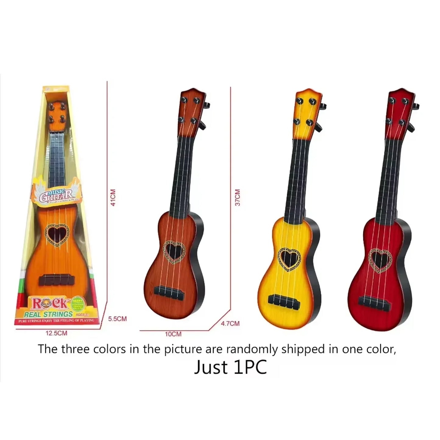 A miniature wooden ukulele with a heart-shaped soundhole and real strings in orange yellow or red for musical instrument toys