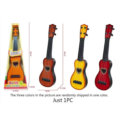 A miniature wooden ukulele with a heart-shaped soundhole and real strings in orange yellow or red for musical instrument toys