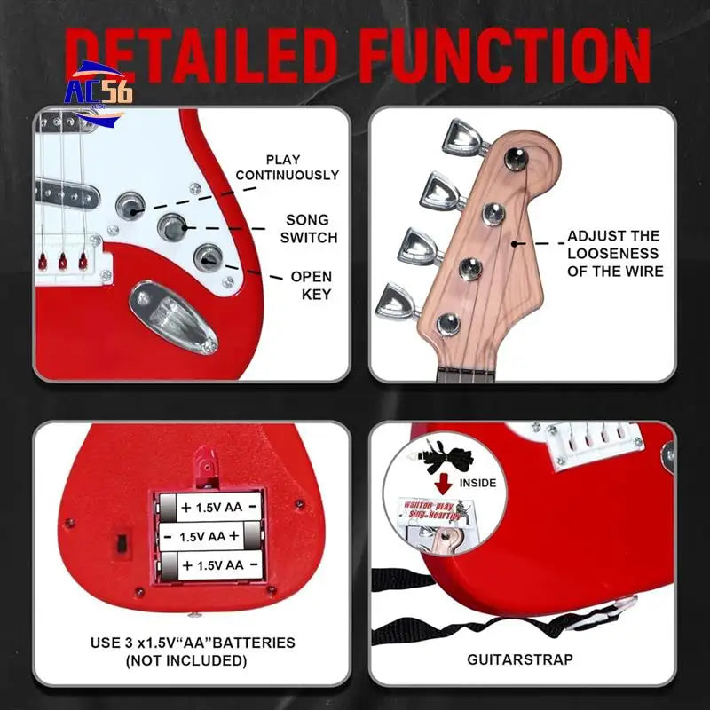 Red 4-string children’s electric guitar instrument with white pickguard and silver hardware portable musical instrument toy