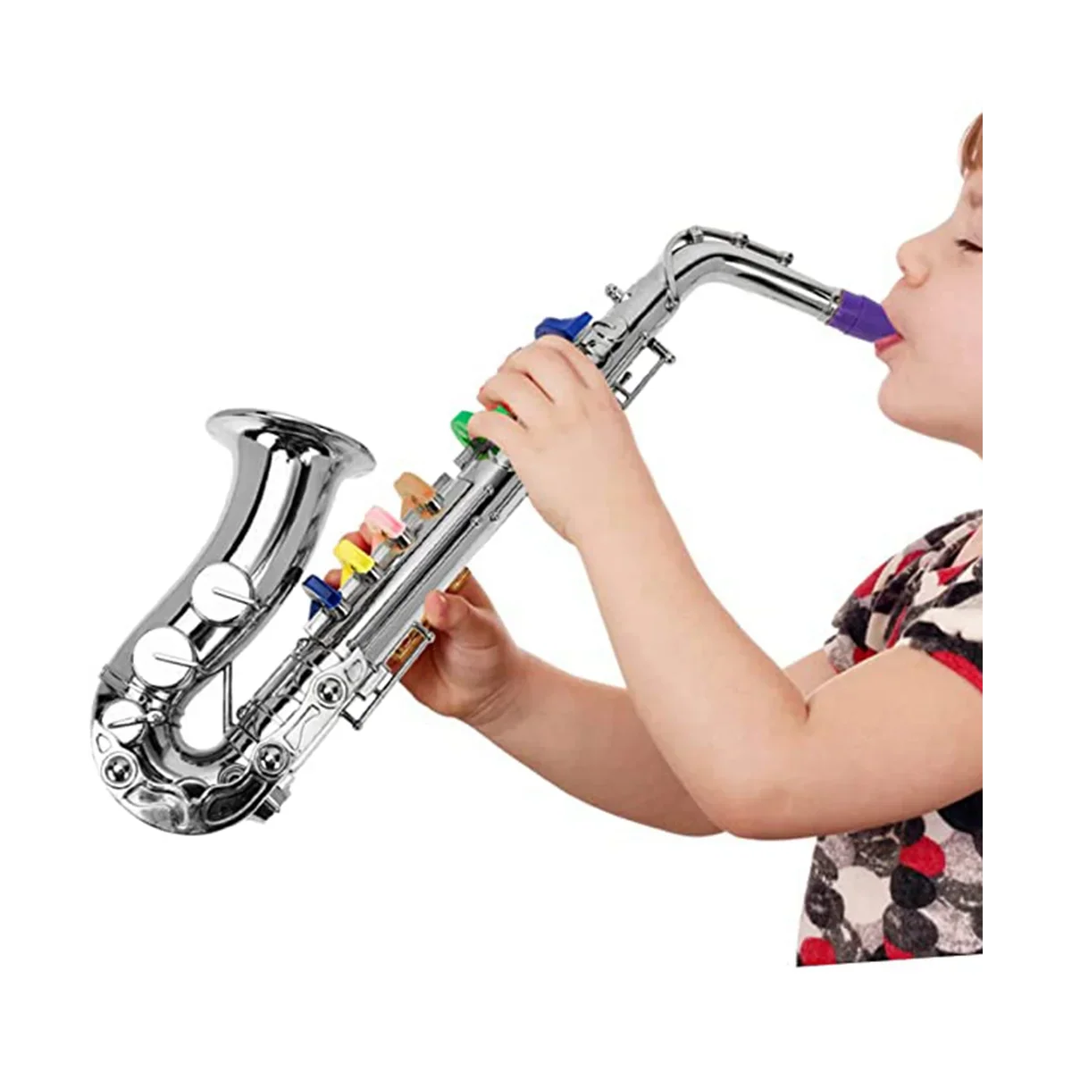 Child playing with shiny silver toy saxophone featuring colorful plastic keys from children’s brass instruments collection