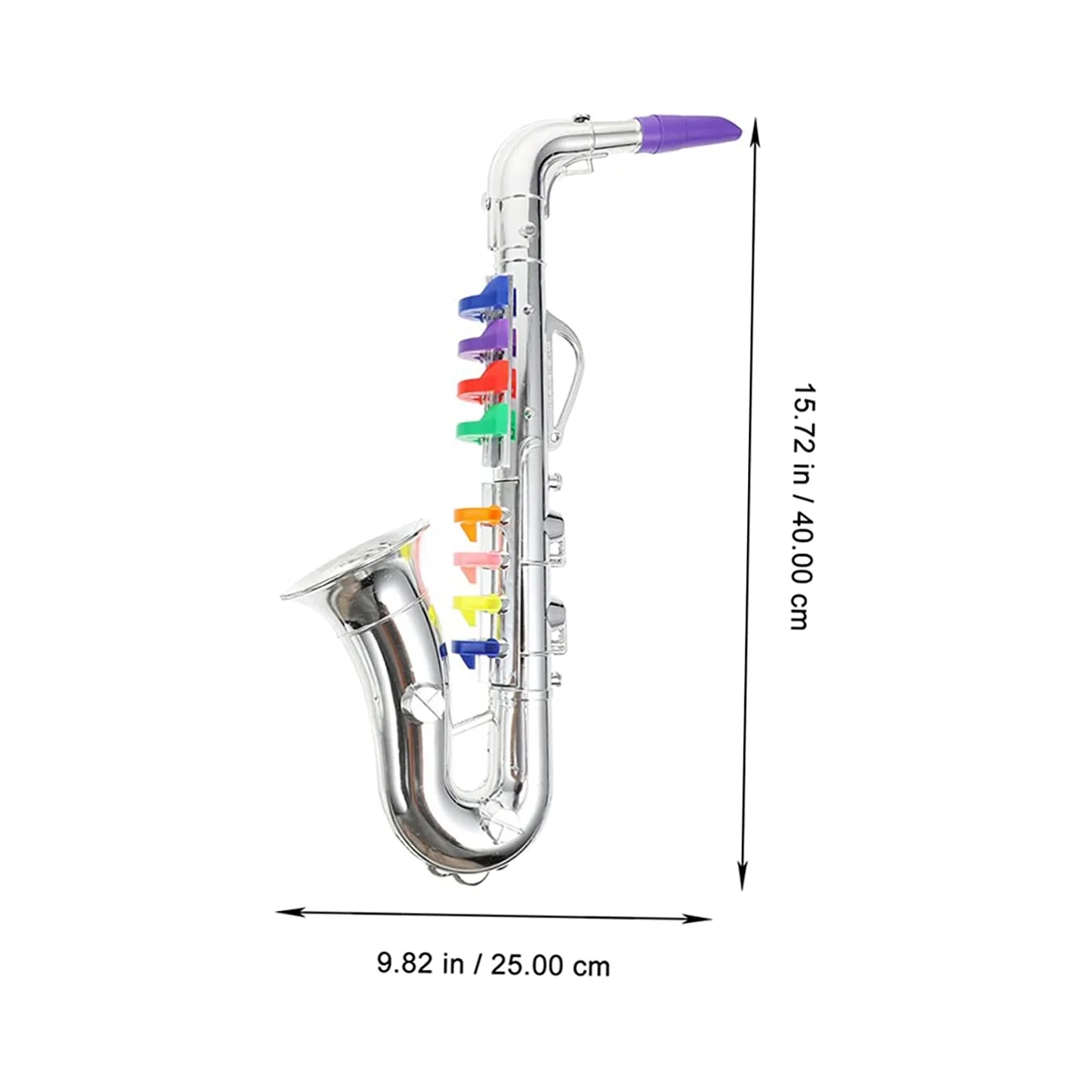 Children’s toy saxophone with a shiny silver brass body, rainbow-colored keys, and a purple mouthpiece for music play