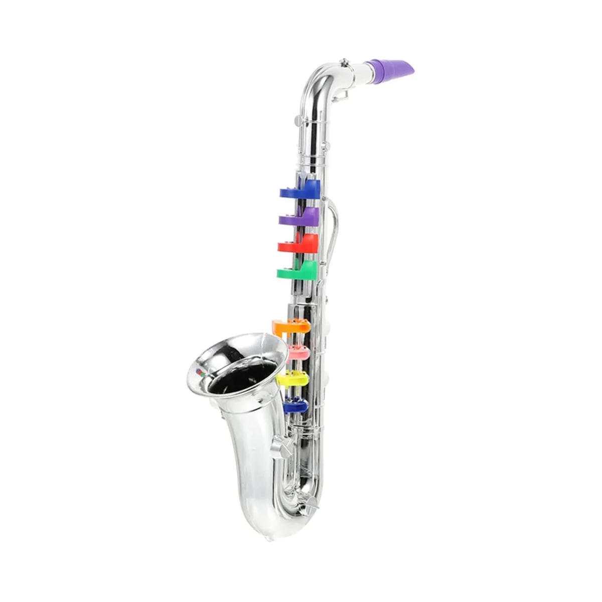 A shiny silver toy saxophone with colorful rainbow keys and a purple mouthpiece for children’s toys brass instruments