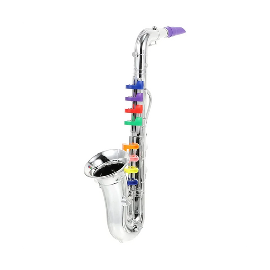 A shiny silver toy saxophone with colorful rainbow keys and a purple mouthpiece for children’s toys brass instruments