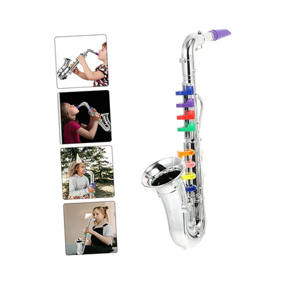 A shiny silver toy saxophone with rainbow-colored keys and purple mouthpiece for children’s saxophone music toys