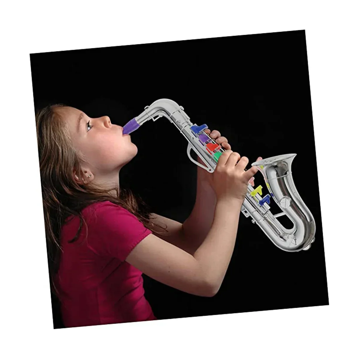 Silver plastic toy saxophone with colorful key caps for children’s saxophone music toys and brass instruments play