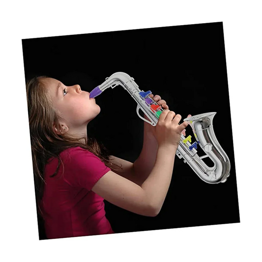 Silver plastic toy saxophone with colorful key caps for children’s saxophone music toys and brass instruments play