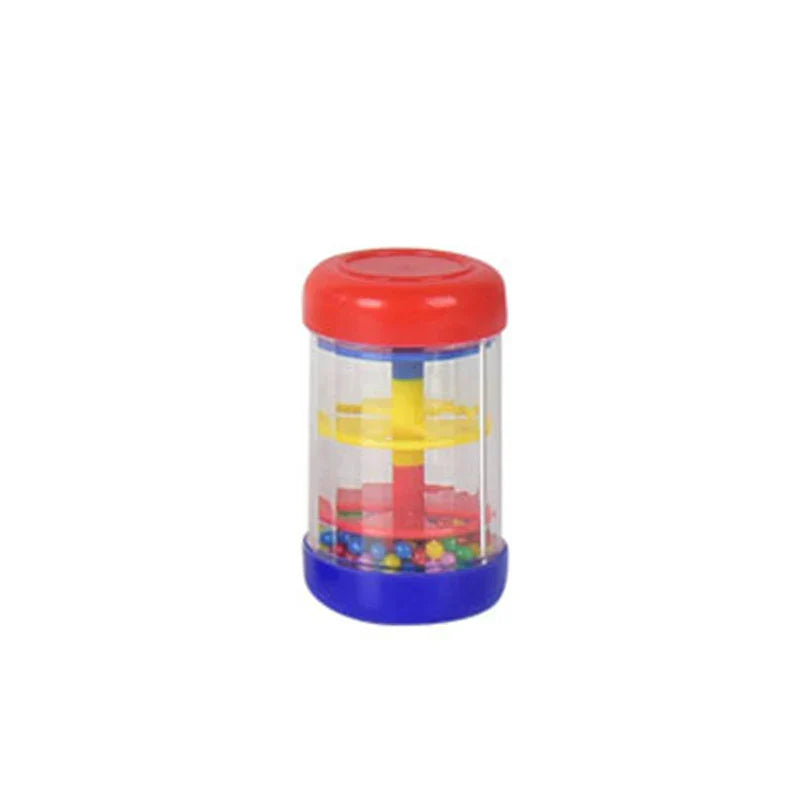 A colorful plastic kids rain rattle with red top blue base transparent body and yellow spiral rods for shaker rainmaker music