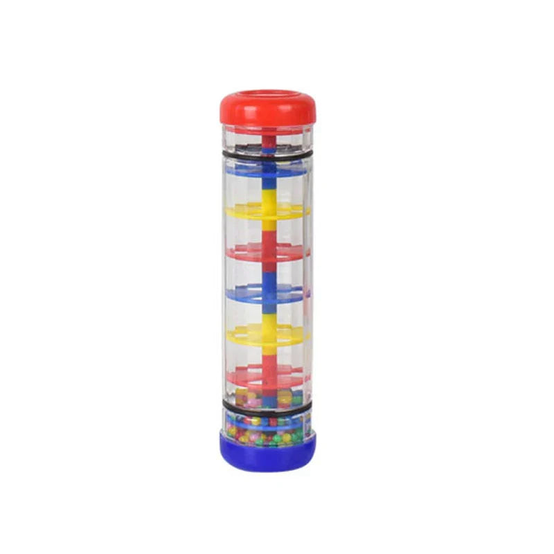 Clear plastic cylindrical kids rain rattle with red blue yellow rings and beads for shaker rainmaker music toy