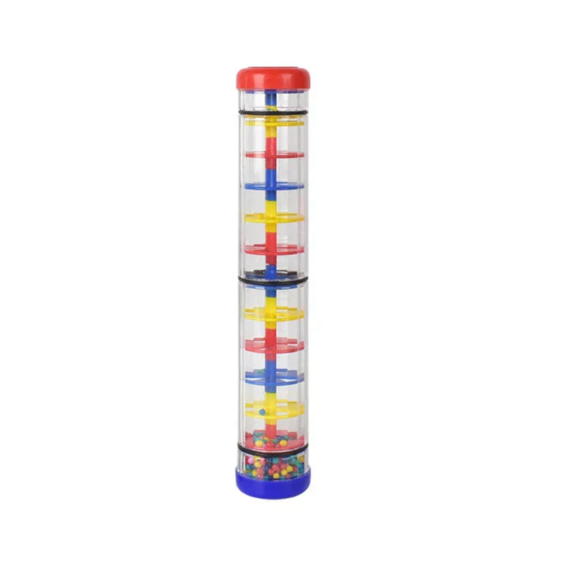 Clear plastic kids rain rattle sensory tower with red yellow blue spiral tracks and red top cap musical instruments toys
