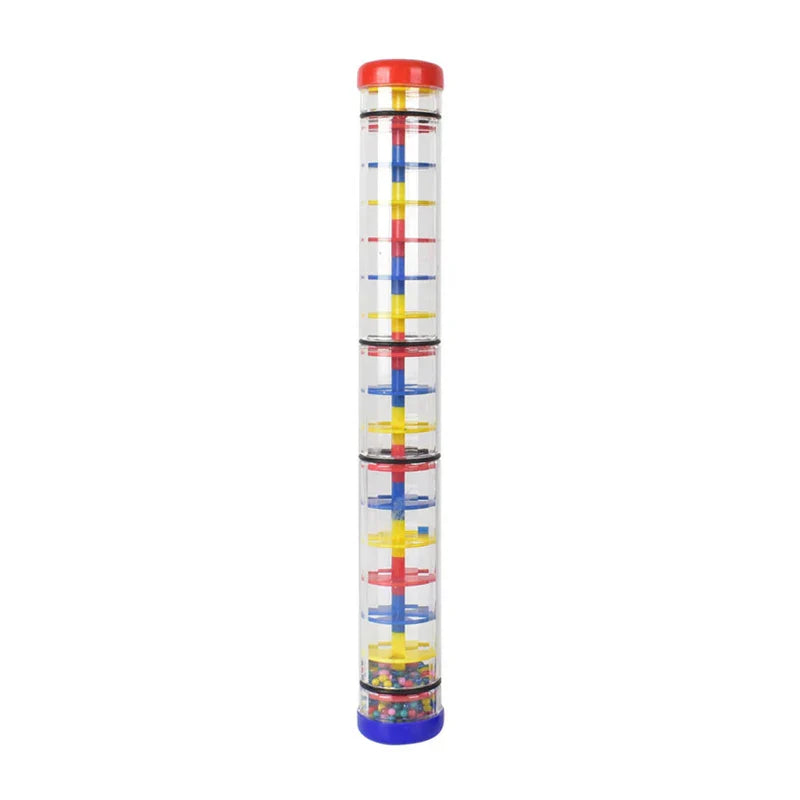 Clear plastic kids rain rattle sensory tube with red blue yellow spiral rods and colorful beads for shaker rainmaker music