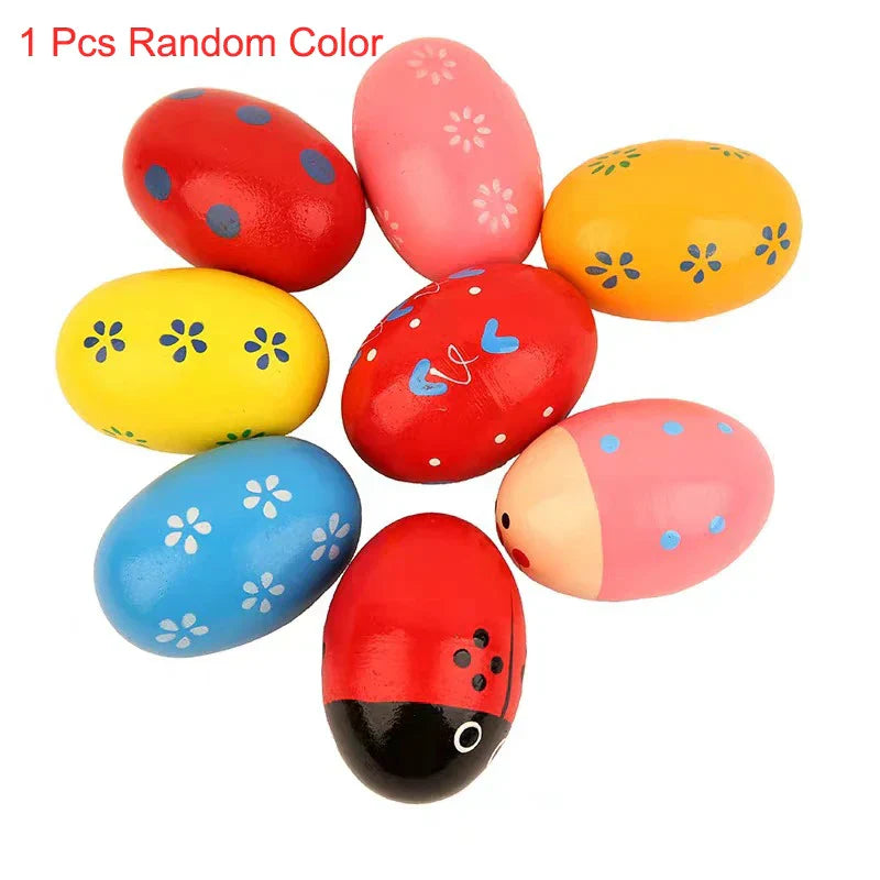 Colorful wooden egg-shaped musical instruments toys with painted floral and ladybug designs for kids rain rattle shaker rainmaker music