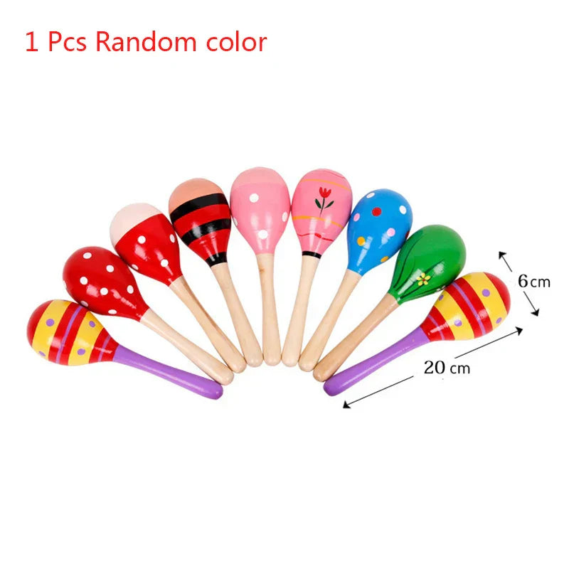 A colorful wooden kids rain rattle with painted design and natural wood handle for musical instruments toys