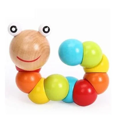 A cheerful wooden musical instruments toy caterpillar rattle with colorful segmented balls and googly eyes for kids rain rattle