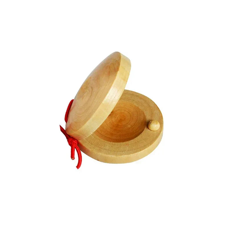 Light-colored wooden castanets with red string tie and beads for kids rain rattle shaker rainmaker music toy