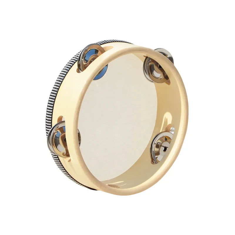 Cream-colored tambourine with metallic jingles and textured rim for kids rain rattle and shaker rainmaker music toys