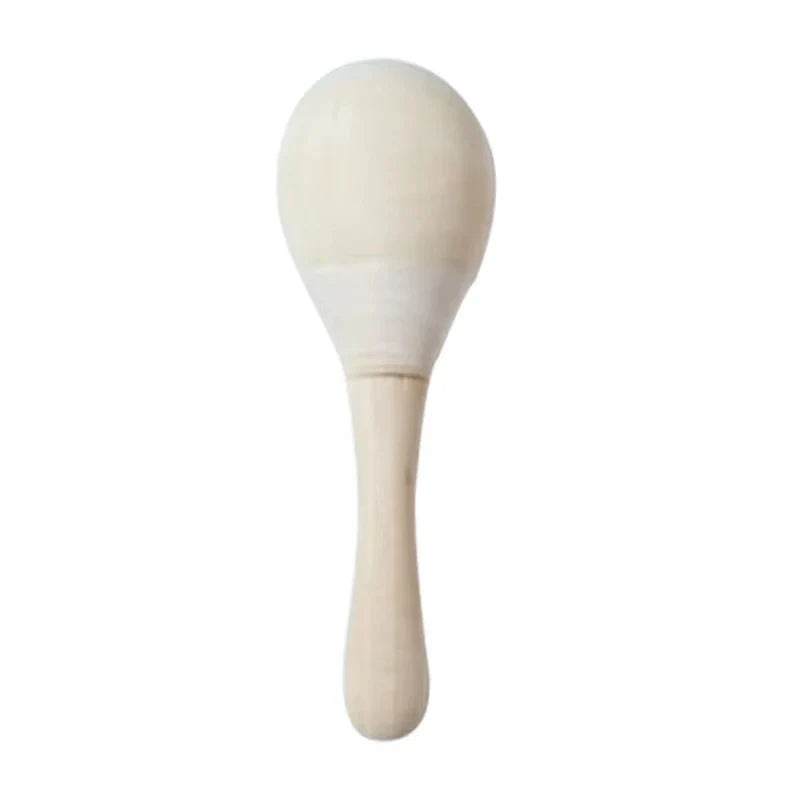 Unpainted wooden maraca with smooth natural finish designed as a kids rain rattle shaker rainmaker music toy