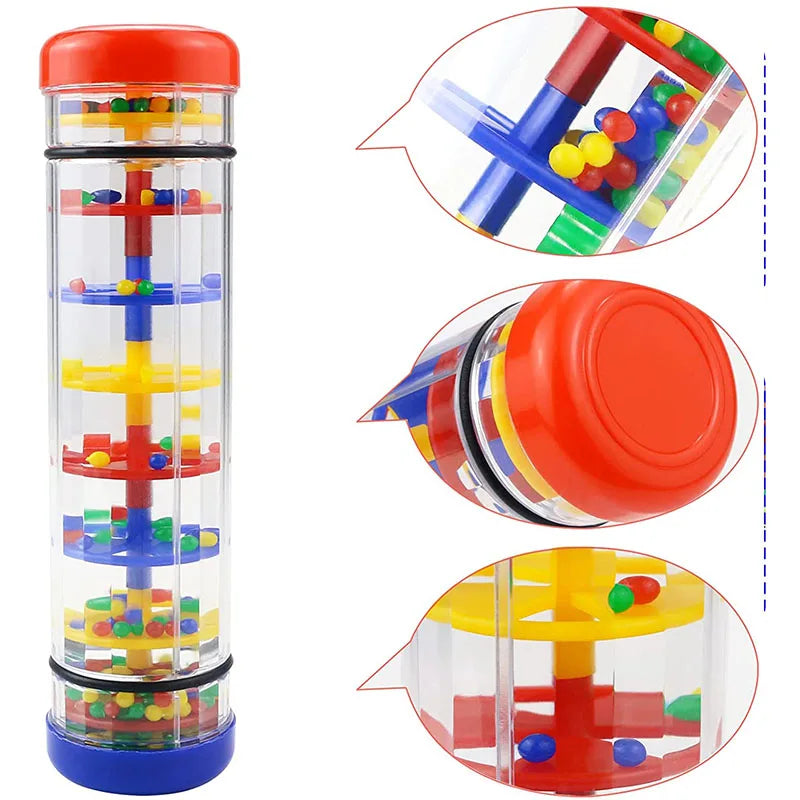 Clear plastic kids rain rattle sensory tower with colorful spinning tiers and beads for shaker rainmaker music play